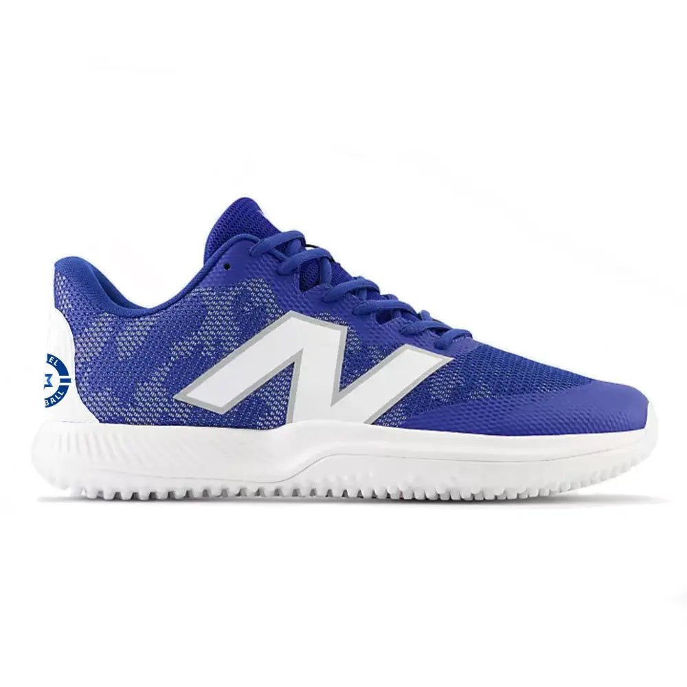 Blue athletic shoe with white sole on a white background