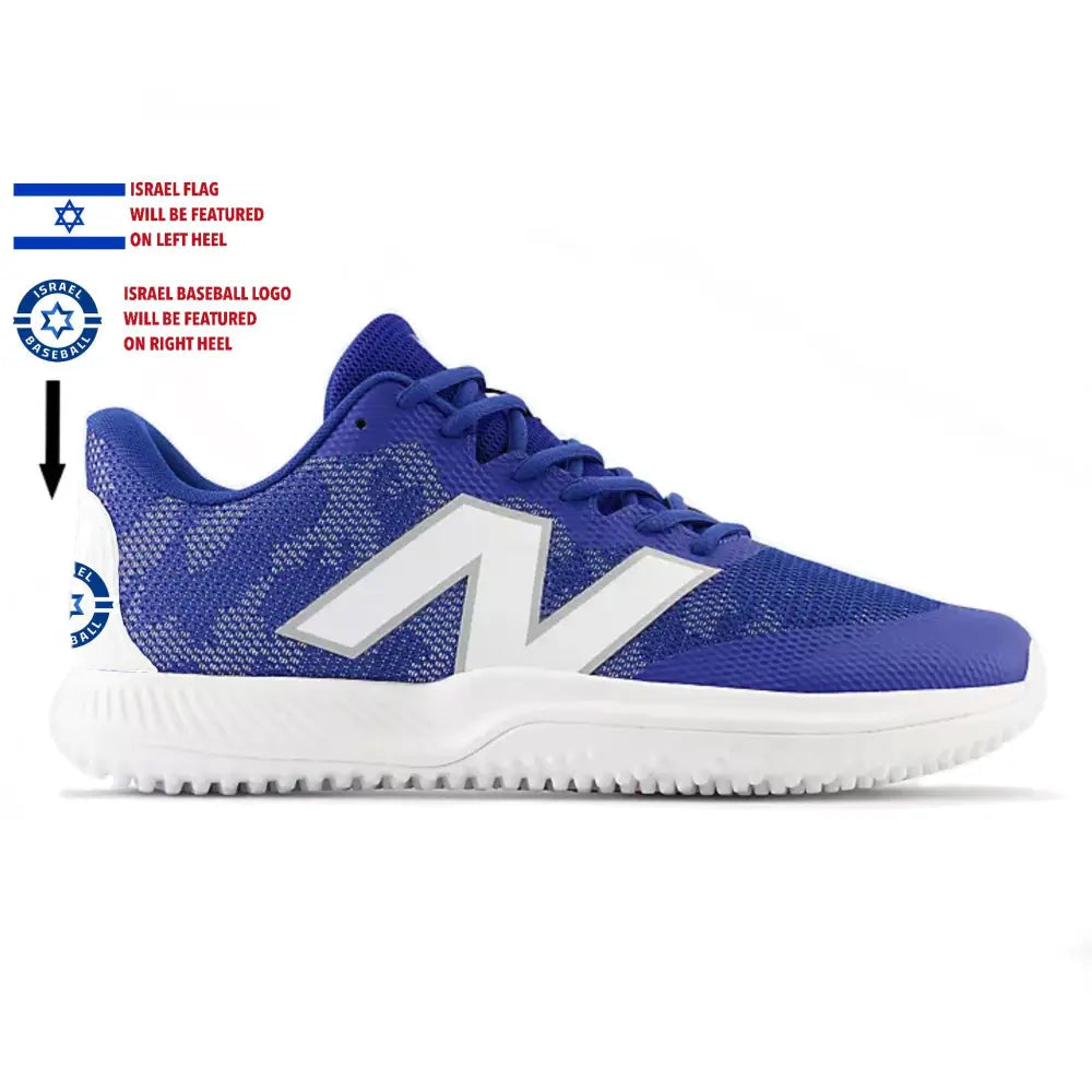 Blue athletic shoe with white sole on a white background