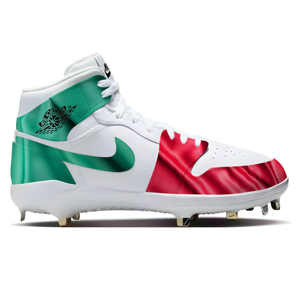 Italy waving flag design on Jordan 1 Retro baseball cleats featuring green, white, and red panels