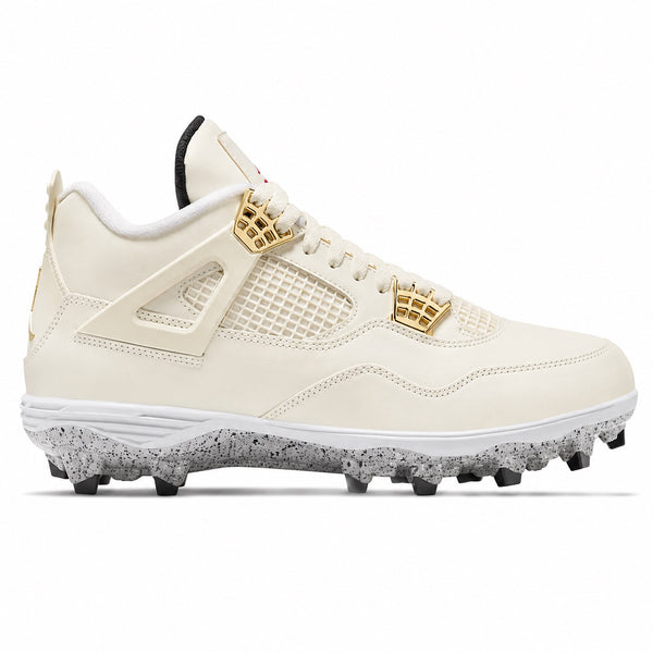 Custom ivory Jordan 4 Retro TD football cleats featuring gold hardware accents and a speckled sole for a premium, clean look — by Stadium Custom Kicks
