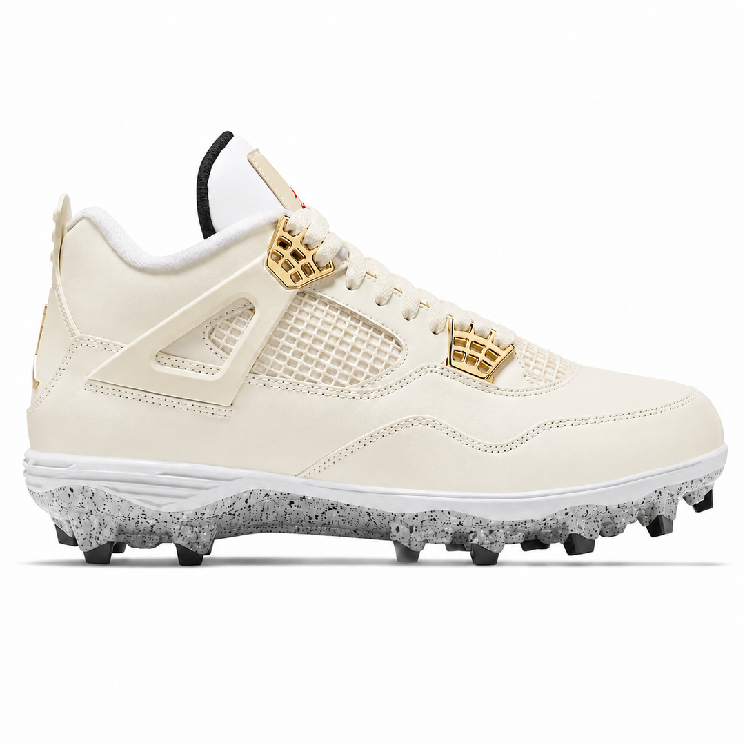 Air Jordan 4 Retro OG football cleat in off-white leather with gold-tone metal eyelets, a white midsole, and a speckled gray outsole, shown from a side profile on a white background.