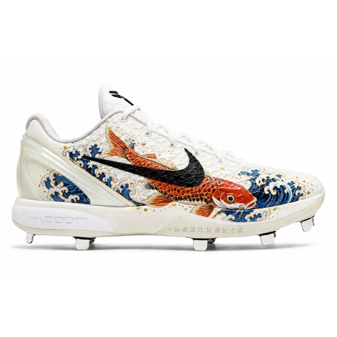 Japanese Koi Nike Kobe 6 metal baseball cleats featuring a hand-painted orange and gold koi fish swimming through traditional blue wave artwork, white star-embossed upper, black Swoosh, gold speckle accents, and a white Nike Zoom sole with metal spike traction by Stadium Custom Kicks