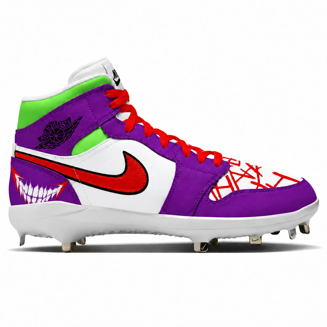 A purple, white, and green high-top baseball cleat featuring red accents, a red Nike Swoosh, a black winged logo, and a white Joker grin on the side and heel.