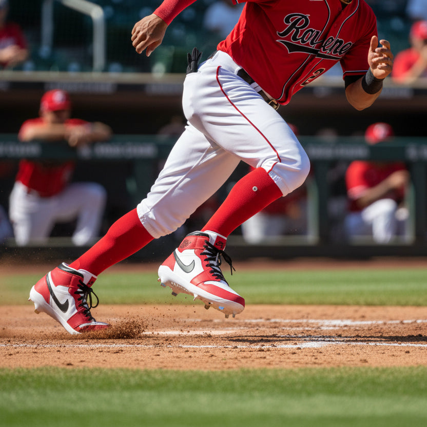 Baseball player wearing Chicago Jordan 1 Metal Cleats customized by Stadium Custom Kicks.