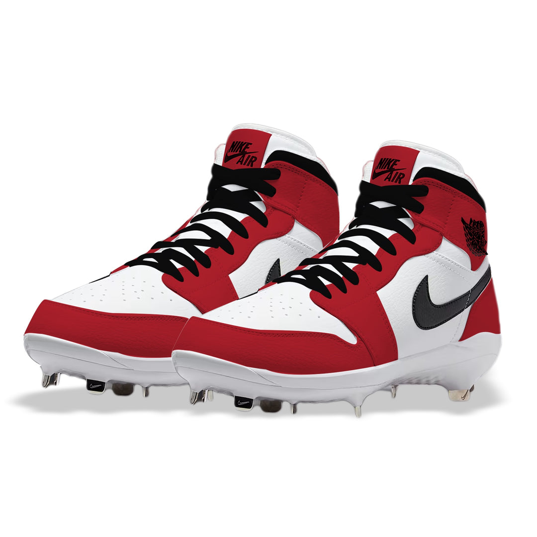 Hand-painted Jordan 1 Chicago custom baseball cleats with metal spikes