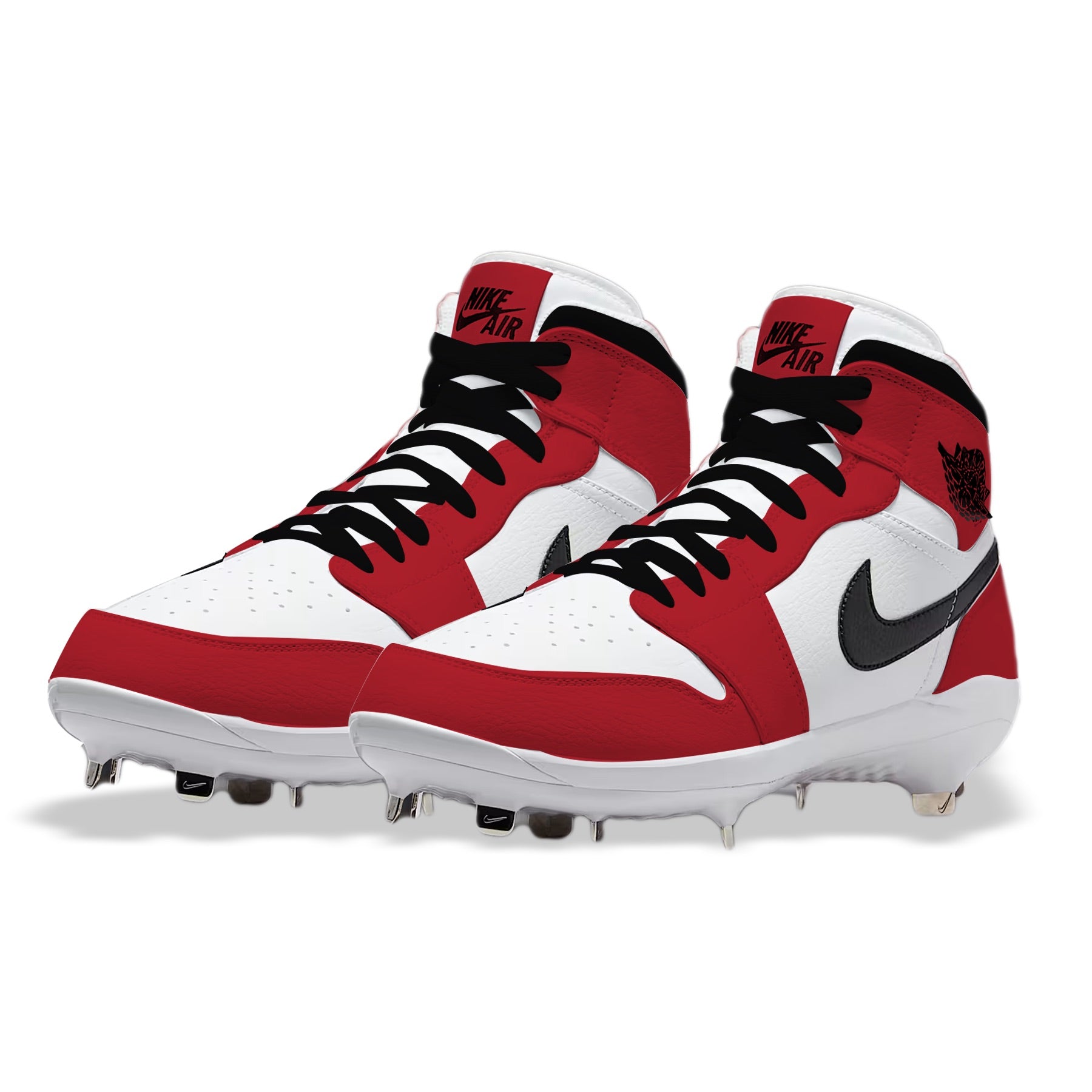 Hand-painted Jordan 1 Chicago custom baseball cleats with metal spikes
