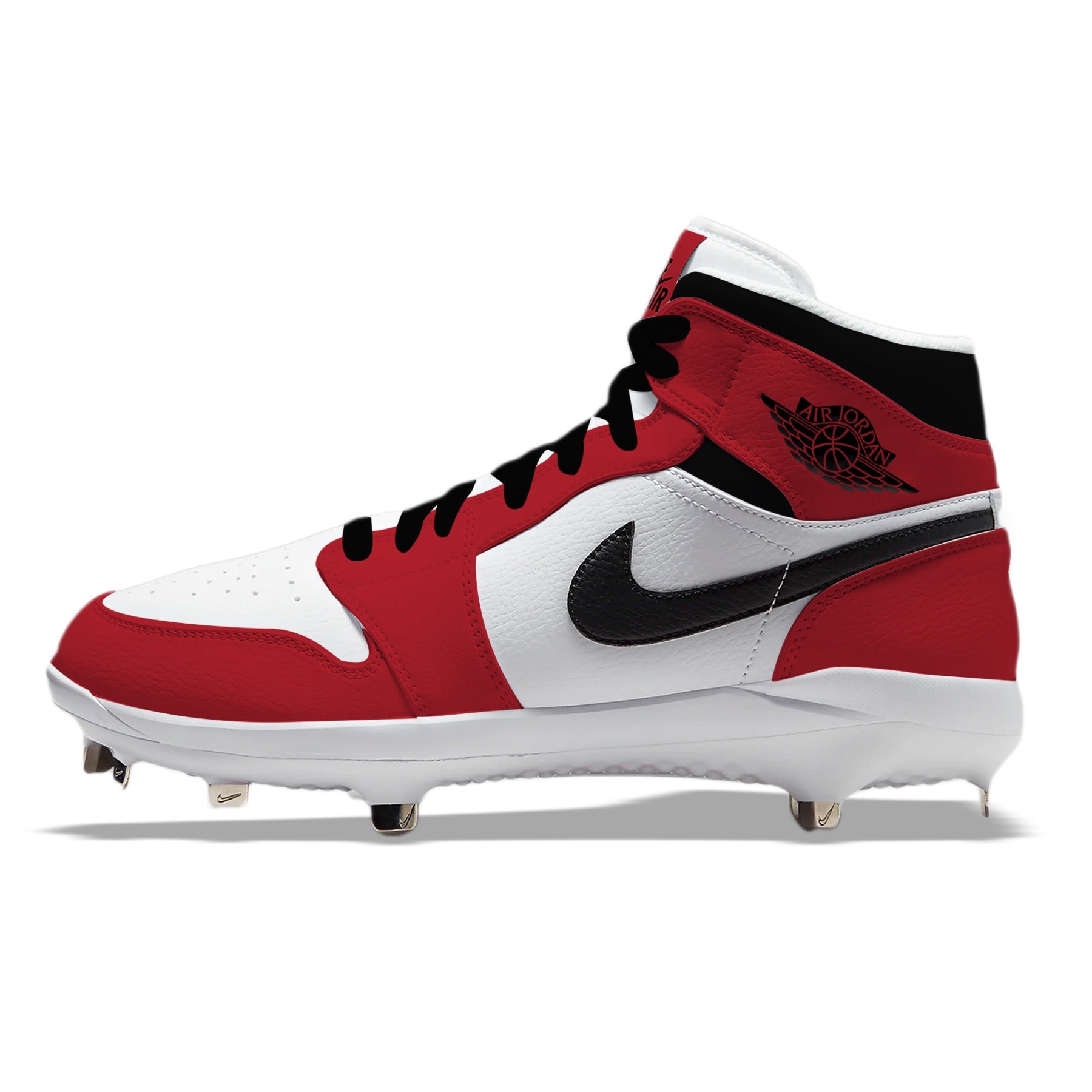 Hand-painted Jordan 1 Chicago custom baseball cleats with metal spikes