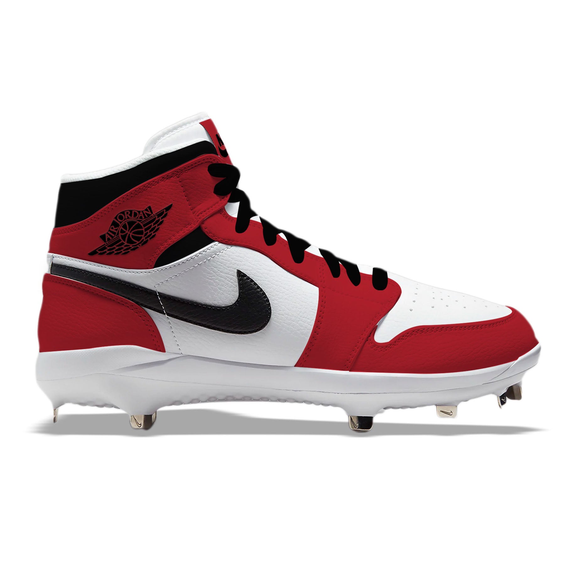Hand-painted Jordan 1 Chicago custom baseball cleats with metal spikes