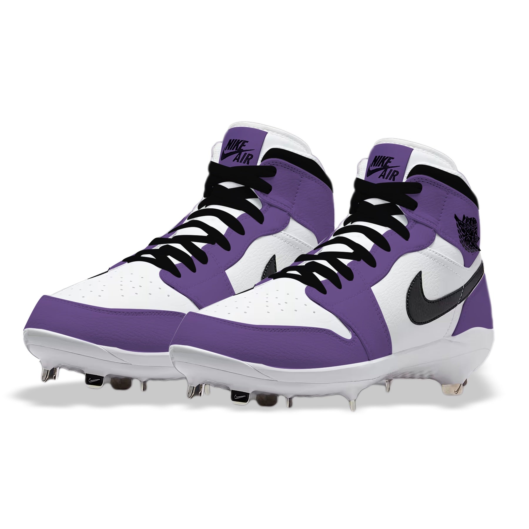 Angled view of custom Jordan 1 Retro Court Purple mid-top baseball cleats with metal spikes, hand-painted in purple, white, and black.