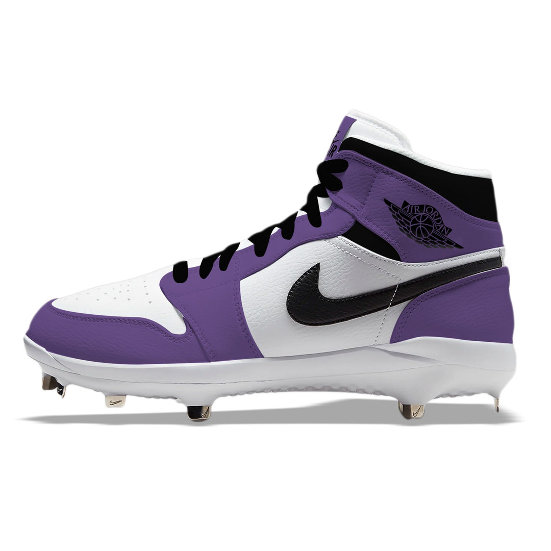 Side view of custom Jordan 1 Retro Court Purple mid-top baseball cleats with metal spikes, hand-painted in purple, white, and black.