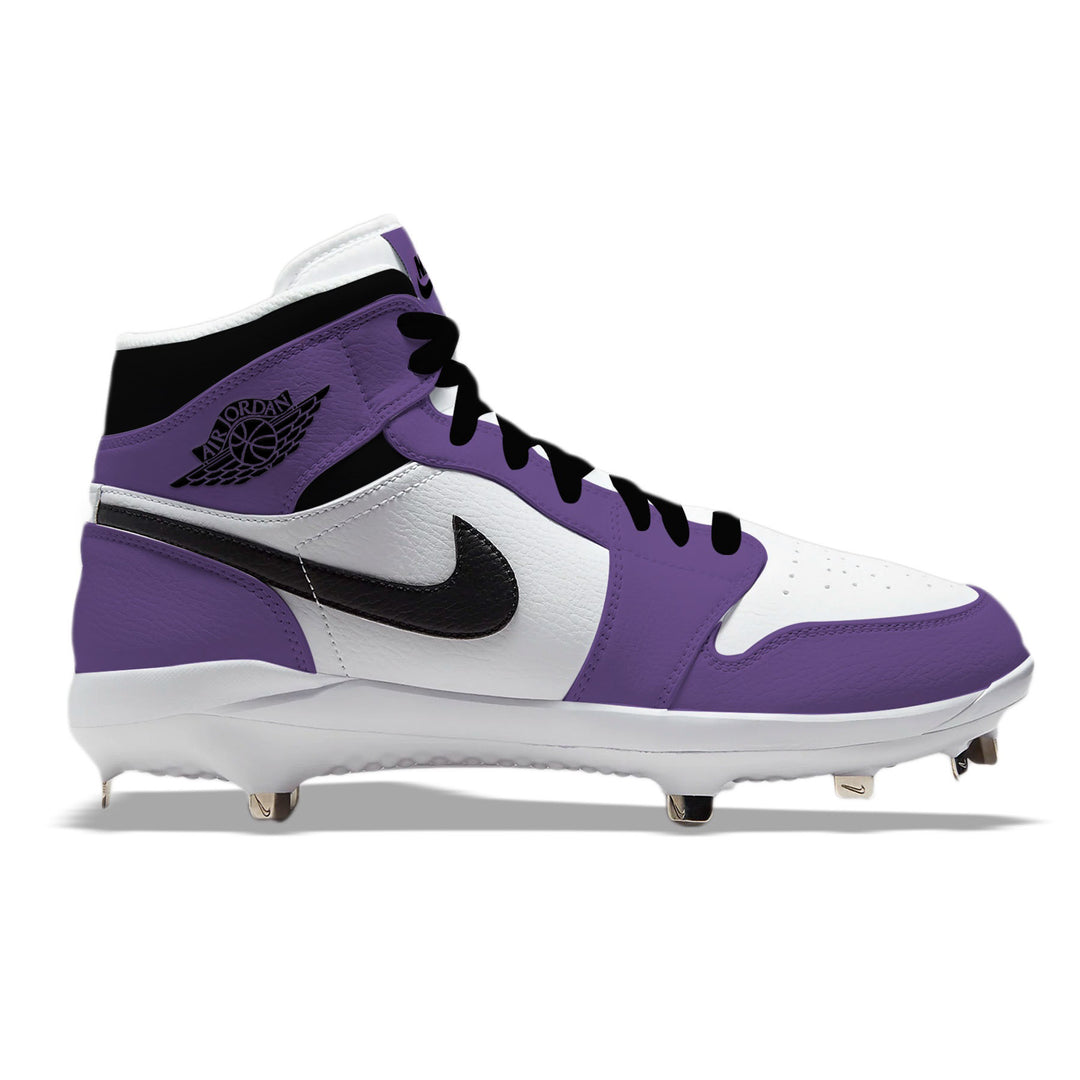 Side view of custom Jordan 1 Retro Court Purple mid-top baseball cleats with metal spikes, hand-painted in purple, white, and black.