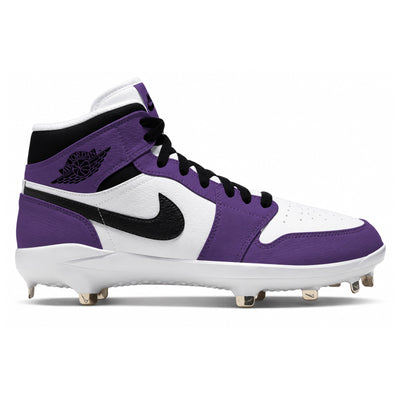 A Nike high-top baseball cleat in purple, white, and black, shown from the side profile against a white background.