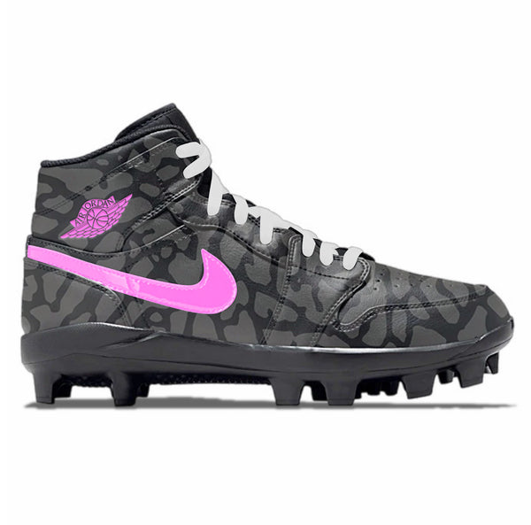 Jordan 1 MCS Mid baseball cleats in Electric Rose design featuring black elephant print upper with vibrant pink Nike swoosh and matching Wings logo by stadium custom kicks.