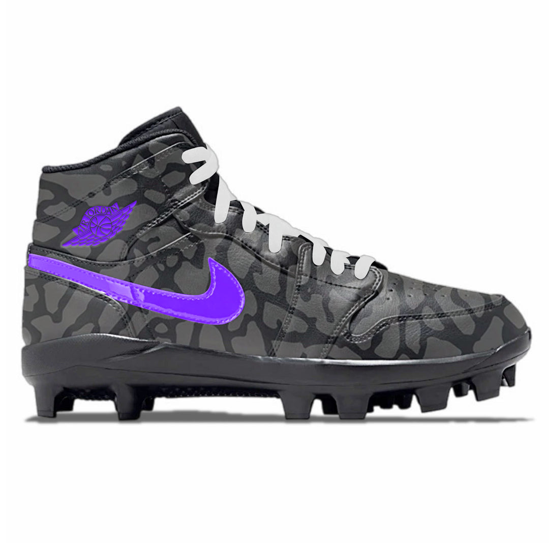 Jordan 1 MCS Mid baseball cleats in Midnight Amethyst design featuring black elephant print upper with deep purple Nike swoosh and matching Wings logo by stadium custom kicks.
