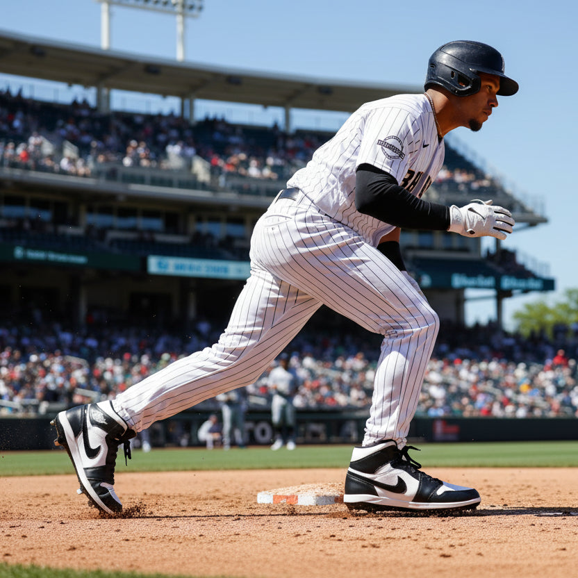 Baseball player wearing custom Panda Jordan 1 Metal cleats.