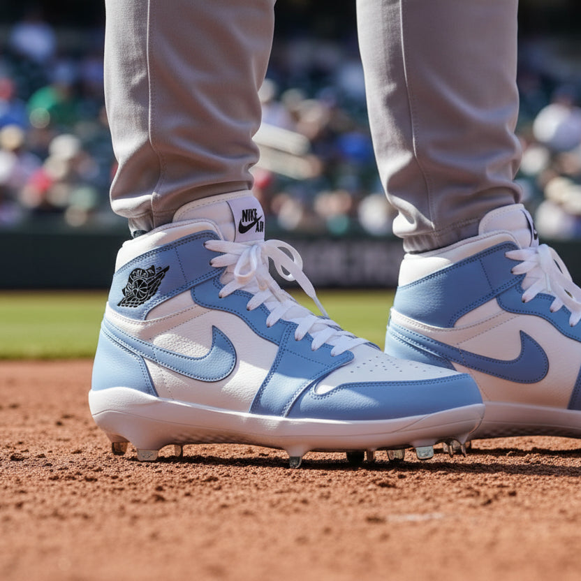 Baseball player wearing the UNC Jordan 1 custom baseball cleats.