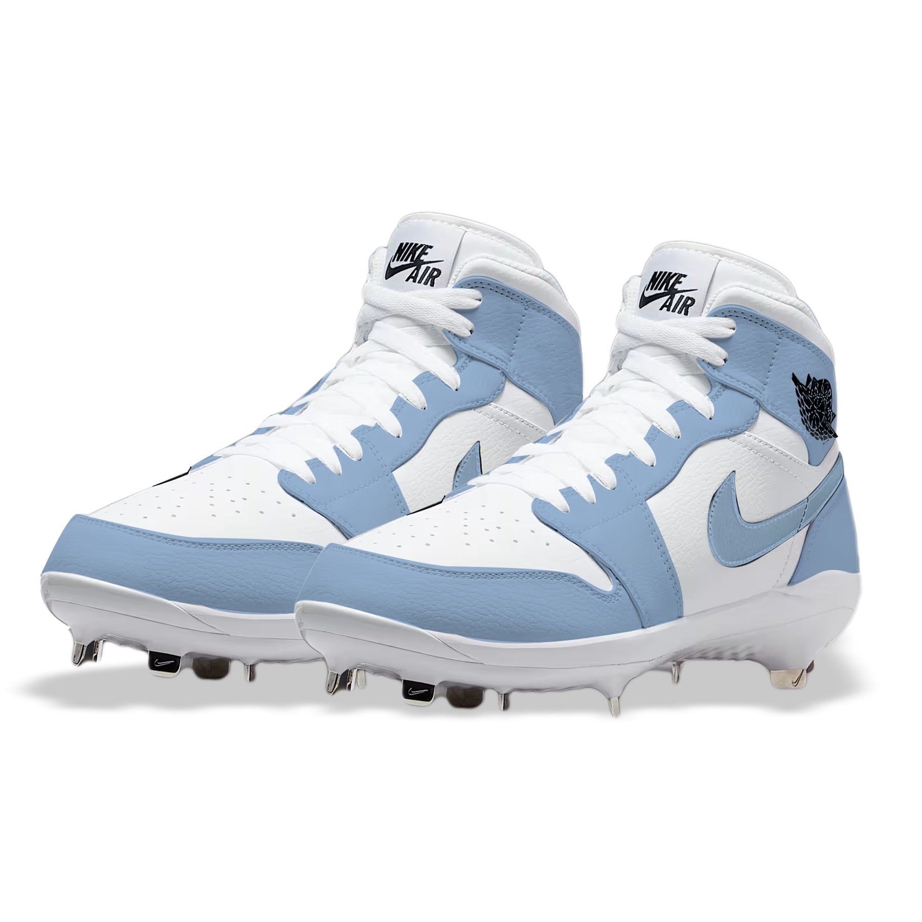 Hand-painted Jordan 1 UNC custom mid-top baseball cleats with metal spikes shown in a detailed angled profile view in Carolina blue and white.