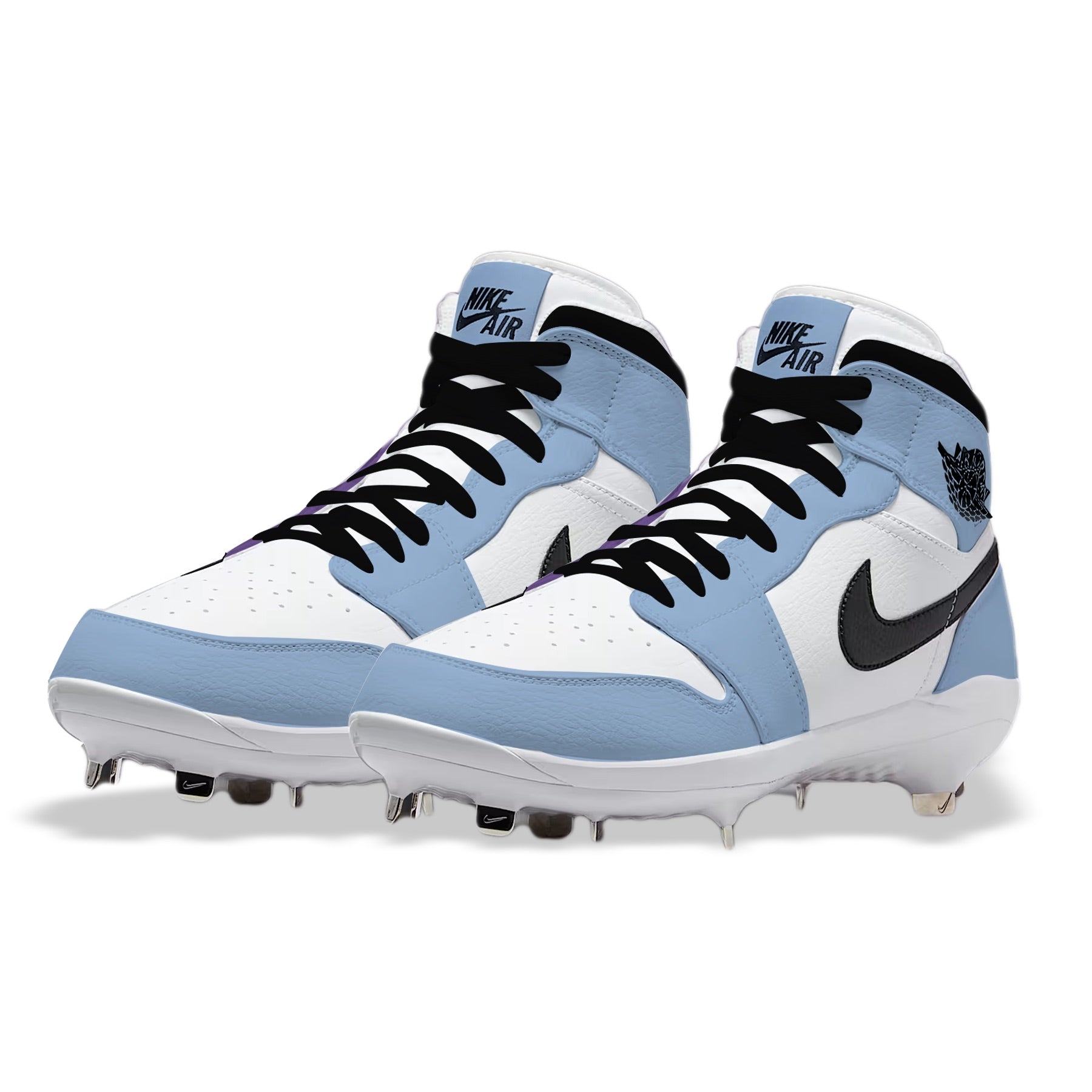 Angled view of custom Jordan 1 Retro University Blue mid-top baseball cleats with metal spikes, hand-painted in Carolina blue and white.