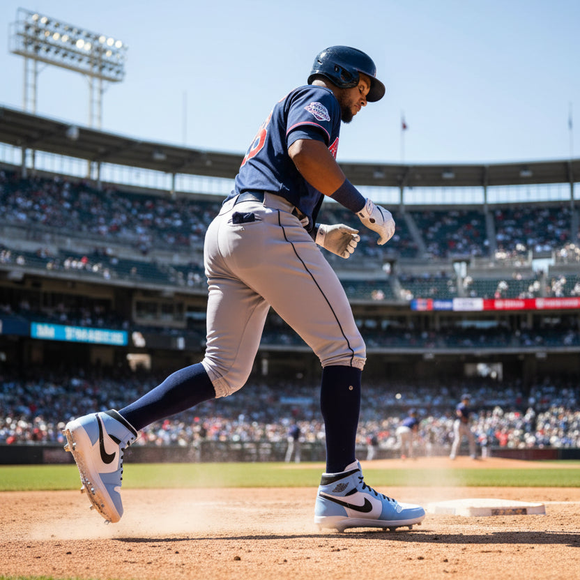 Baseball player wearing University Blue Jordan 1 metal cleats.