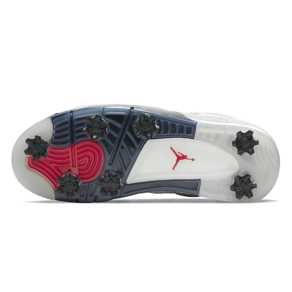 Side view of a Jordan golf shoes with red and blue accents on a white background