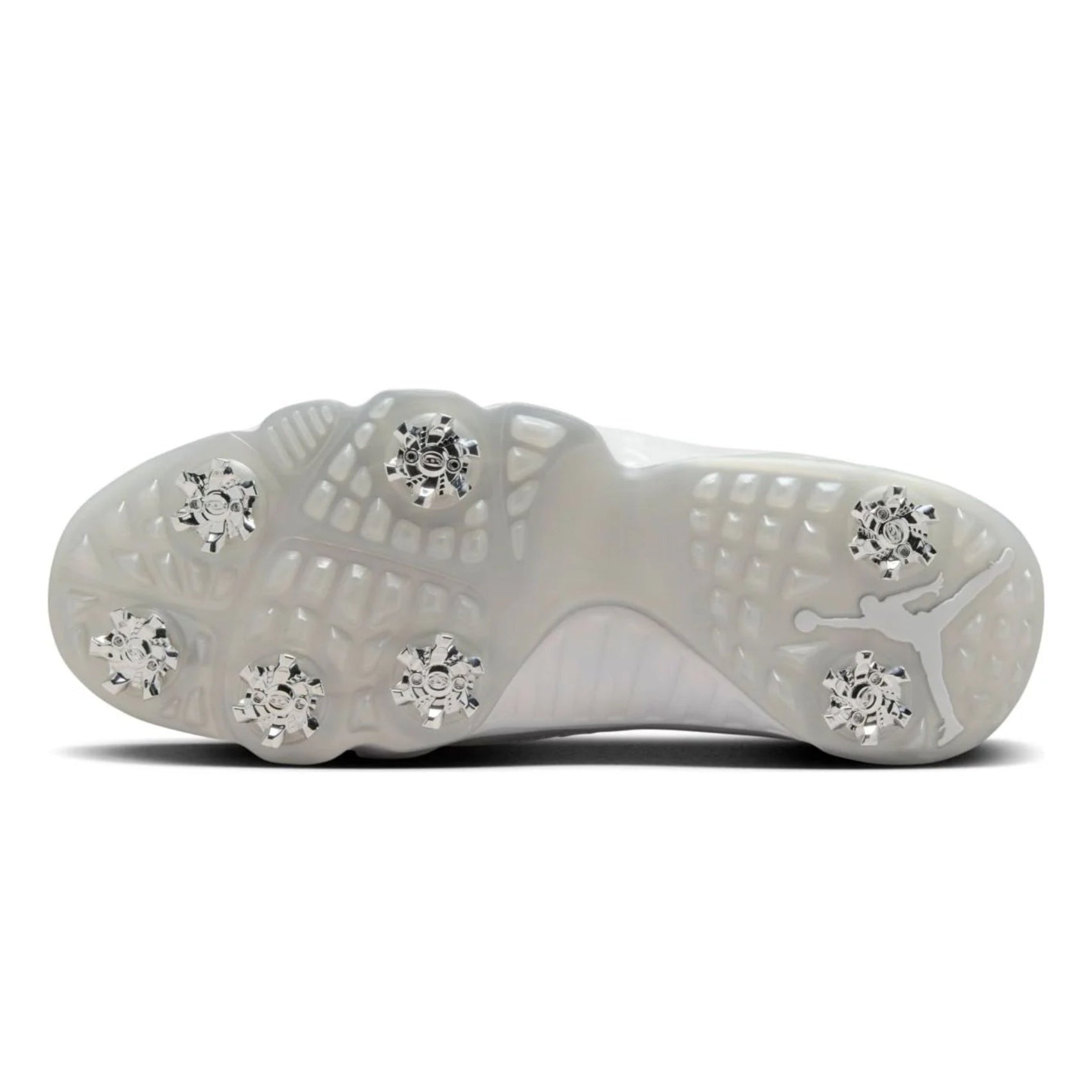 White golf sneakers sole with silver spikes on a white background