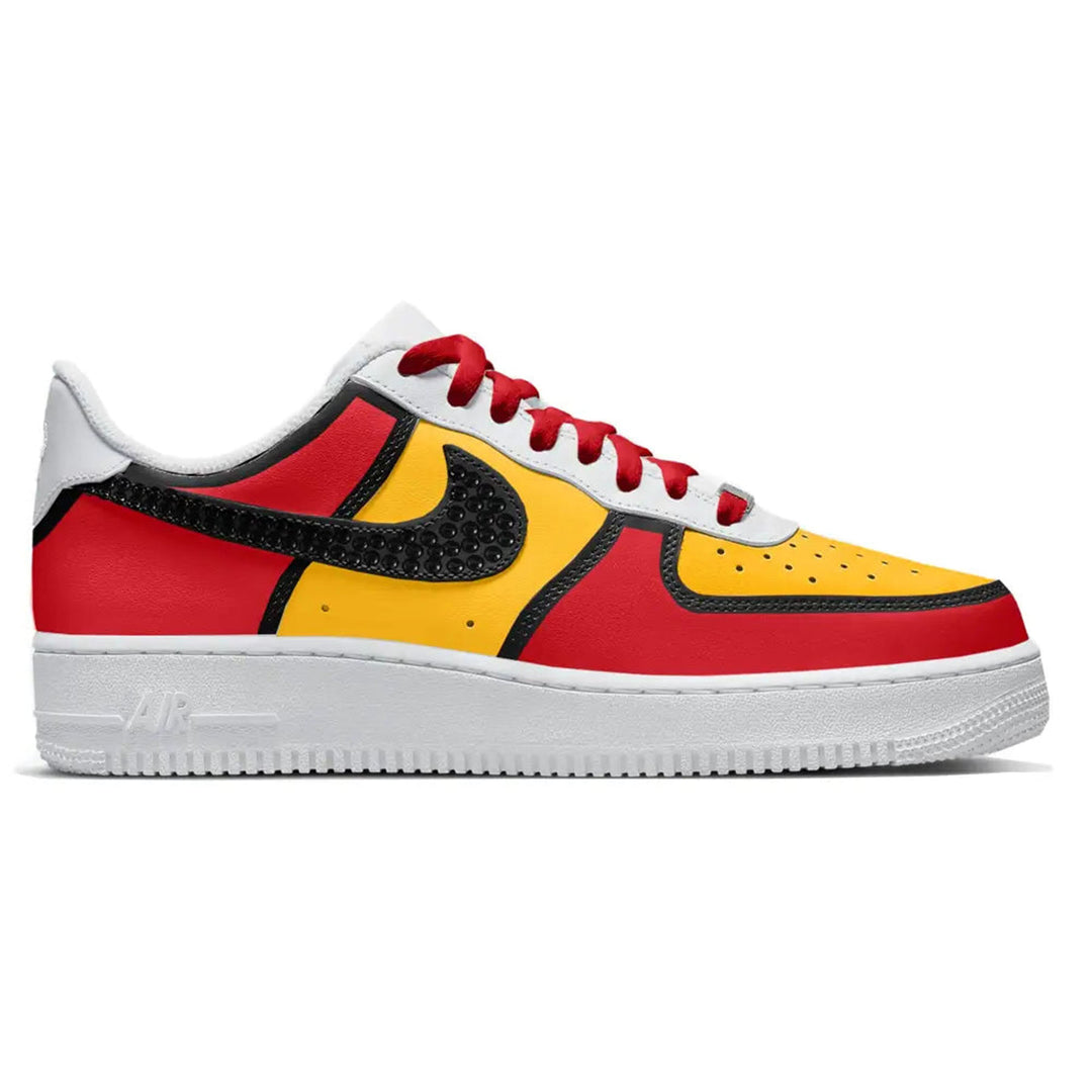 Red, yellow, and black Nike Air Force 1 Low sneakers from Kansas City Crystals collection