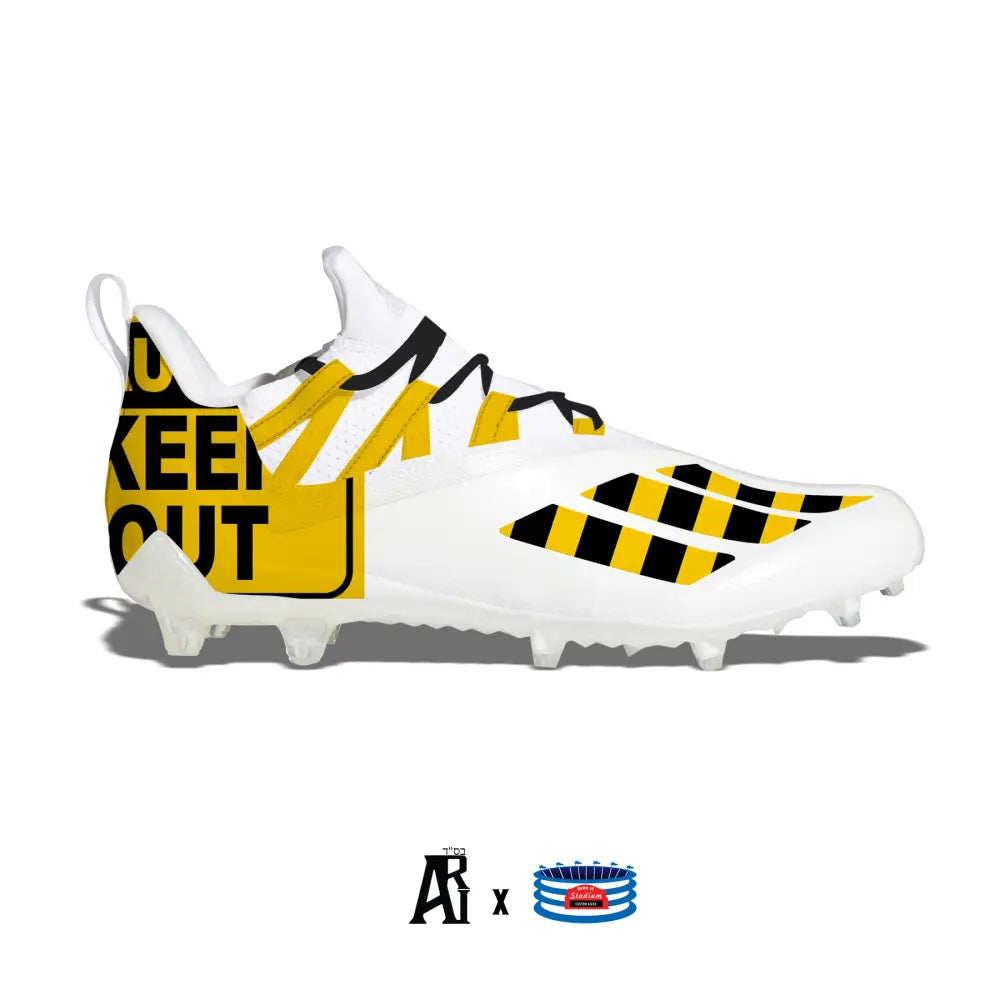 White Adidas Adizero 11.0 football cleat with caution tape design for ultimate performance