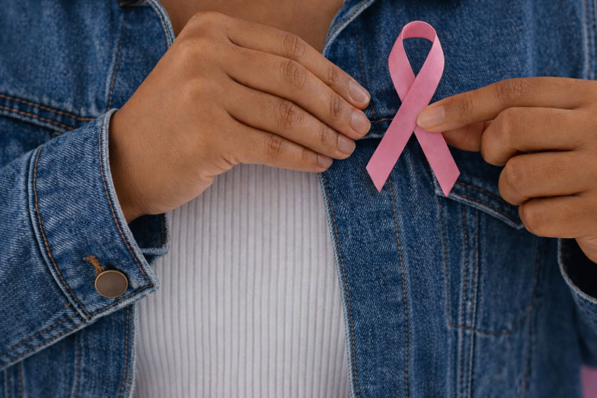 Person holding a pink ribbon, symbolizing breast cancer awareness, against a denim jacket background.