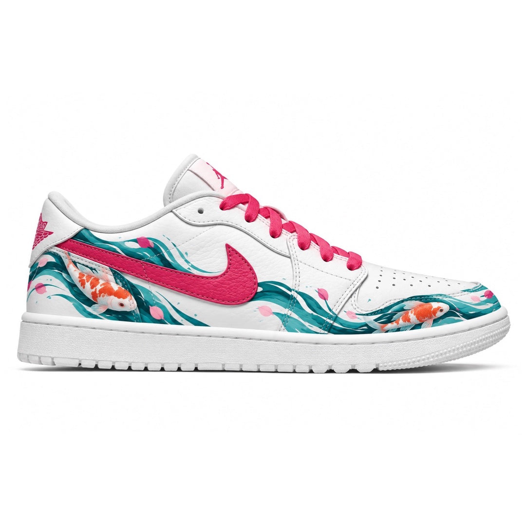  White Jordan 1 golf shoes with teal wave design orange koi fish pink Swoosh and pink laces side view by Stadium Custom Kicks