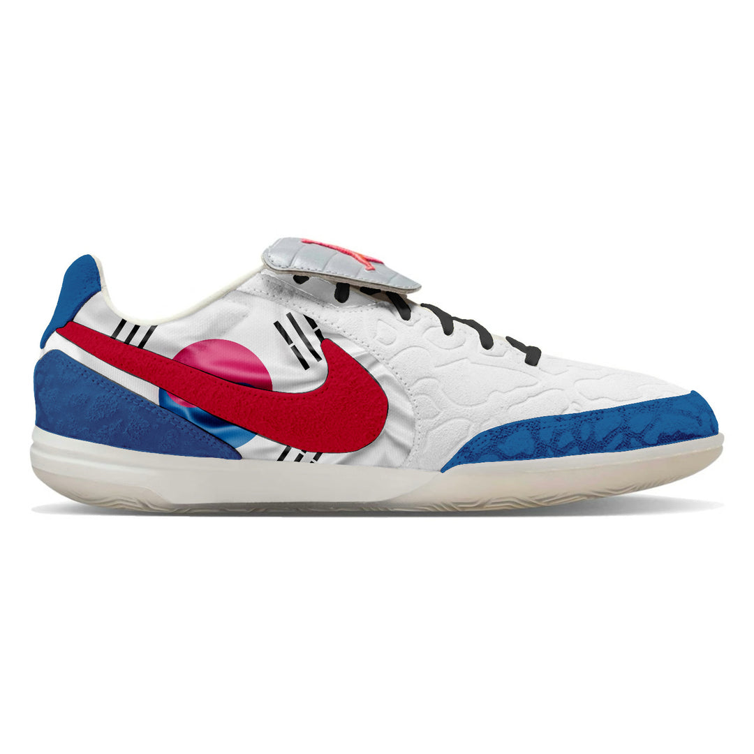 Jordan Tiempo Streetgato SE Indoor Soccer Shoes in a Korea colorway featuring a red and white "Taeguk Warriors" design inspired by the South Korean national team, custom made by Stadium Custom Kicks