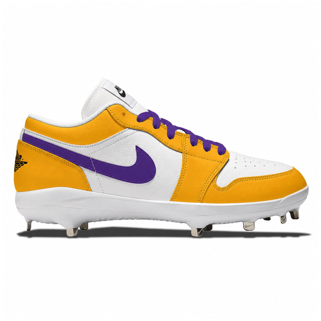 Golden yellow and purple cleated shoe on a white background with two brand logos at the bottom.