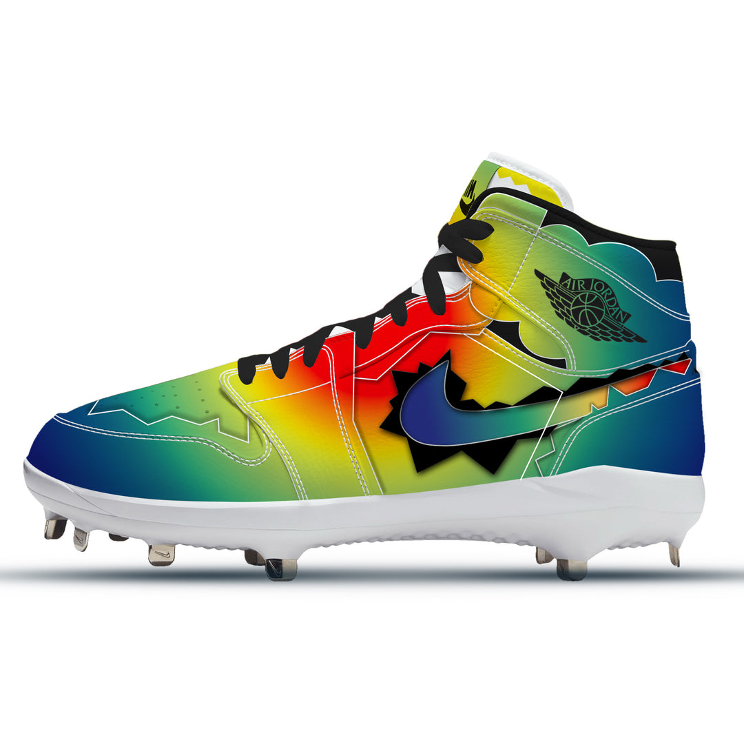 Custom Jordan 1 Retro mid-top baseball cleats with J Balvin inspired design, metal spikes, hand-painted by Stadium Custom Kicks