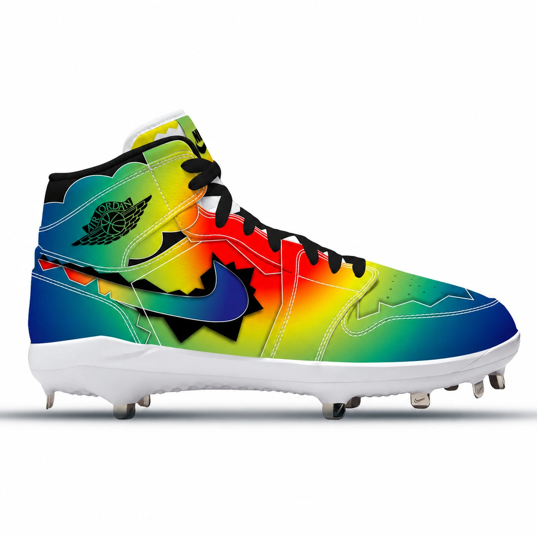 A high-top Nike J. Balvin inspired baseball cleat with a vibrant rainbow gradient design on the upper, black laces, and a white sole with metal studs, shown against a plain white background.