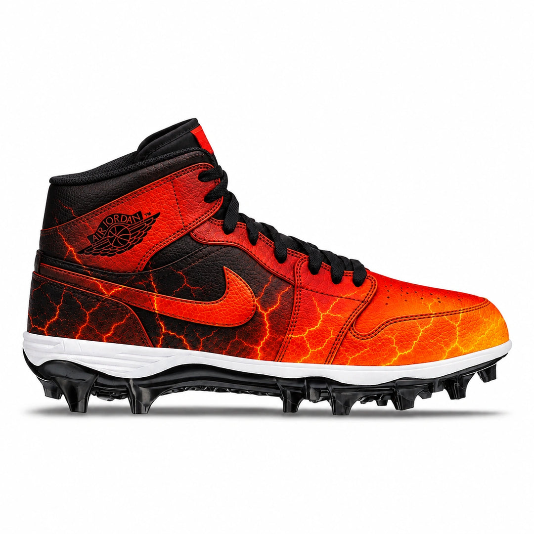 A high-top Nike football cleat featuring a fiery red and orange crackle pattern on a black base, with black studs, black laces, and a white midsole.