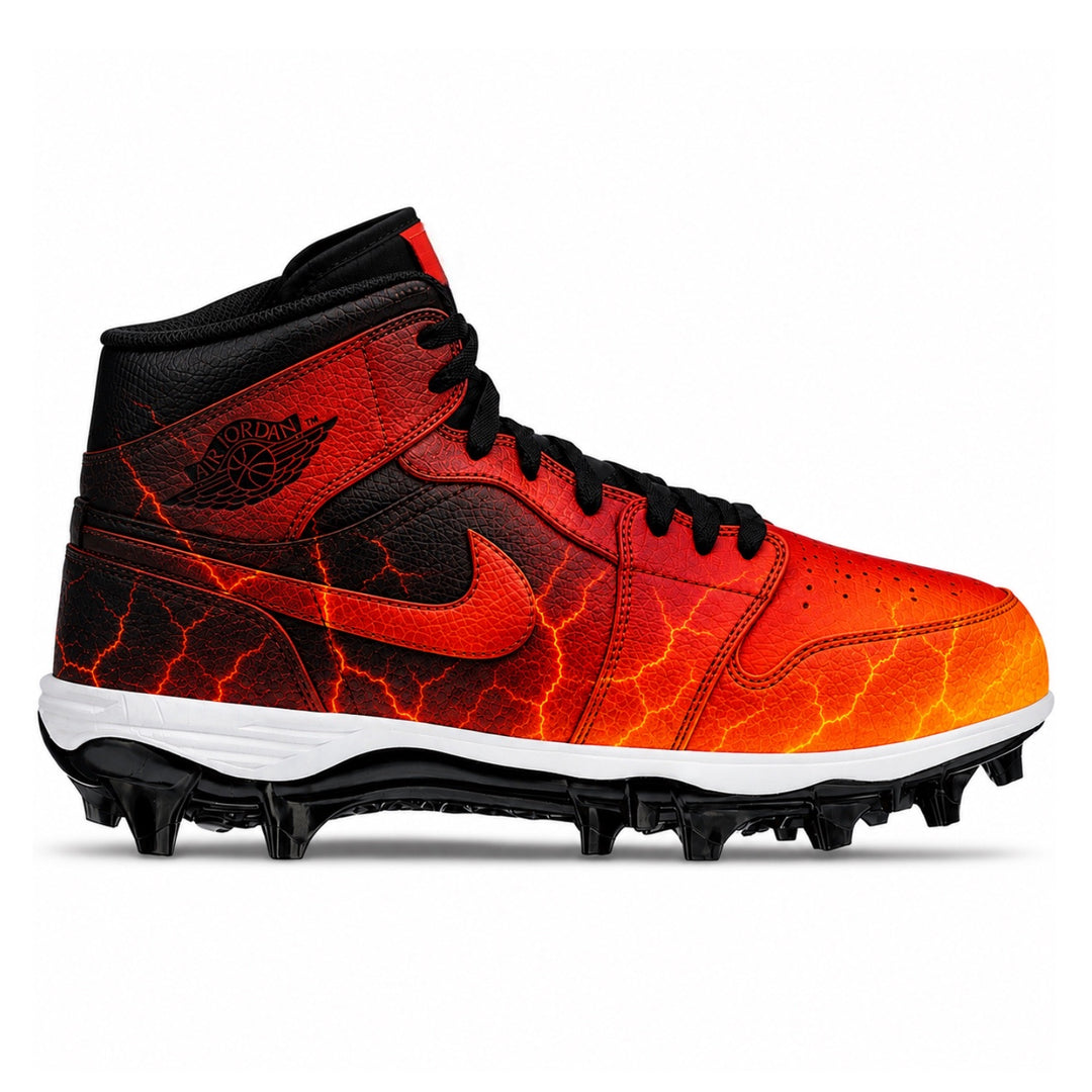 Red orange and black lava Jordan 1 TD Mid football cleats side view by Stadium Custom Kicks
