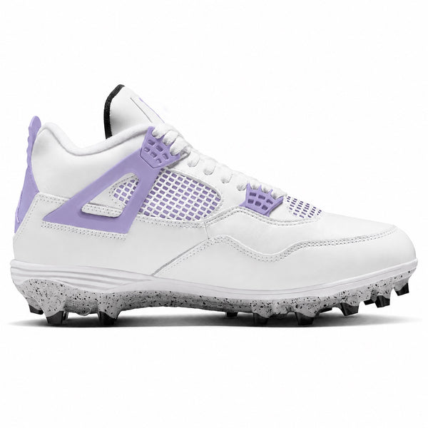 Custom white and lavender Jordan 4 Retro TD football cleats with a speckled sole for a clean, sporty look — by Stadium Custom Kicks
