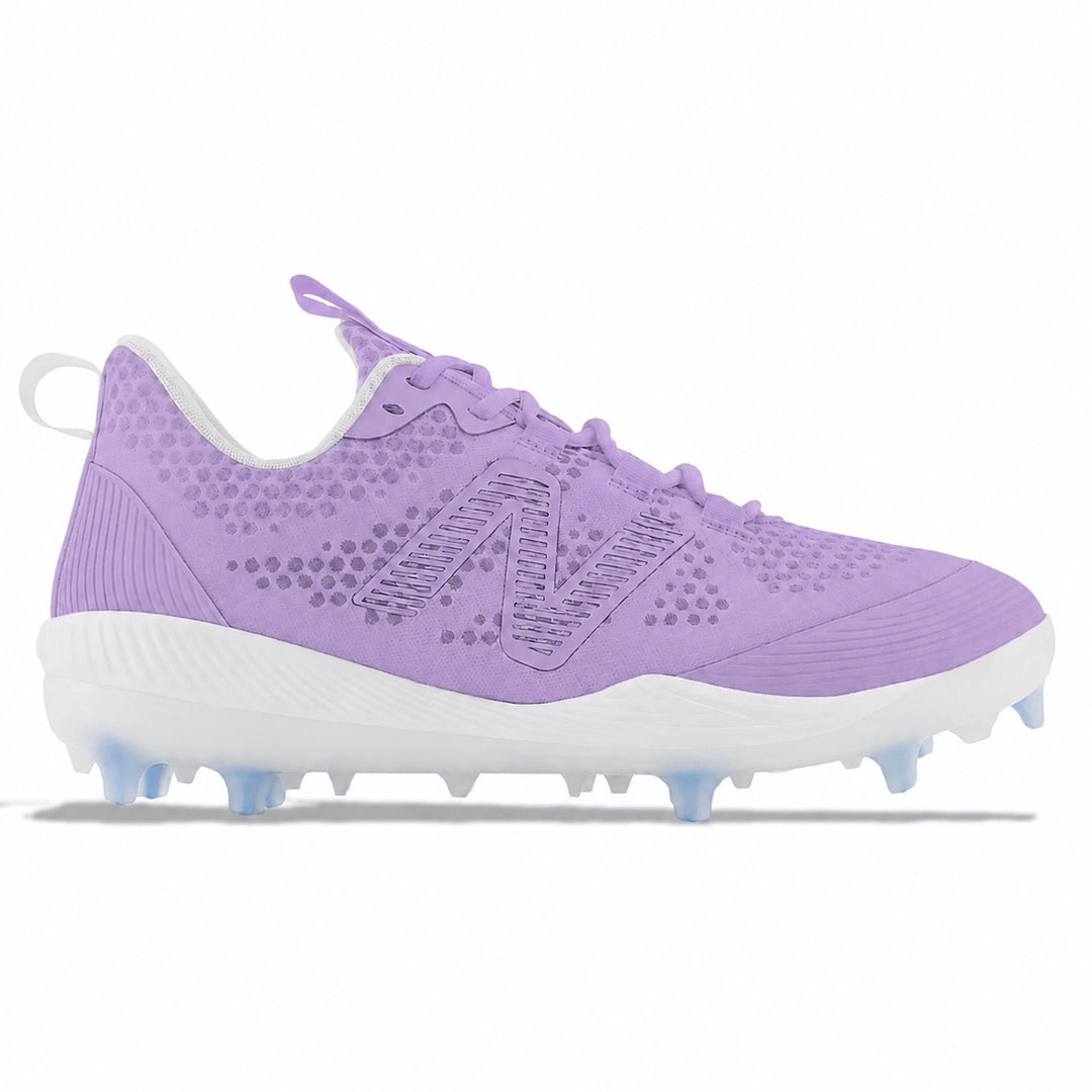 Lavender New Balance FuelCell COMPv3 cleats featuring a lavender tonal upper with embossed dot detailing, lavender N logo, white lace collar, white midsole, and icy light blue molded cleats, side profile view by Stadium Custom Kicks