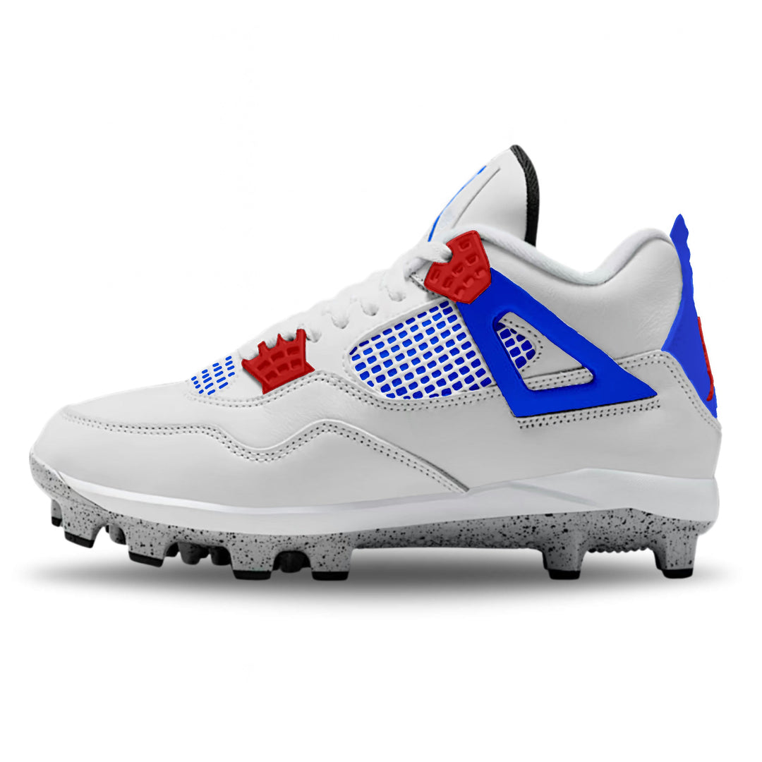 Liberty blue white royal blue and red custom Jordan 4 baseball cleats side view.
