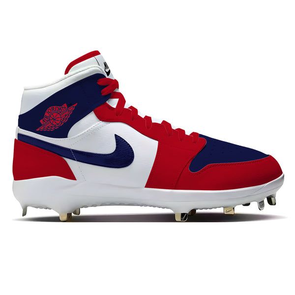 Custom colorway featuring a red, white, and navy upper with a navy swoosh, and red laces by Stadium Custom Kicks