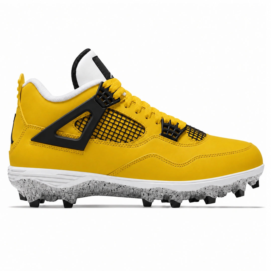 A golden yellow and black football cleat with white accents, featuring a textured yellow upper, black mesh panels, and a white and gray speckled sole with black studs, shown from a side profile on a white background.