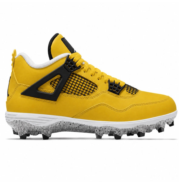 Lightning Jordan 4 Retro TD football cleats featuring a vibrant yellow synthetic leather upper, black mesh side paneling, black wing-shaped eyelet overlays, white padded ankle collar, yellow lace-up closure, and a white midsole with black-and-white speckled molded traction outsole by Stadium Custom Kicks.