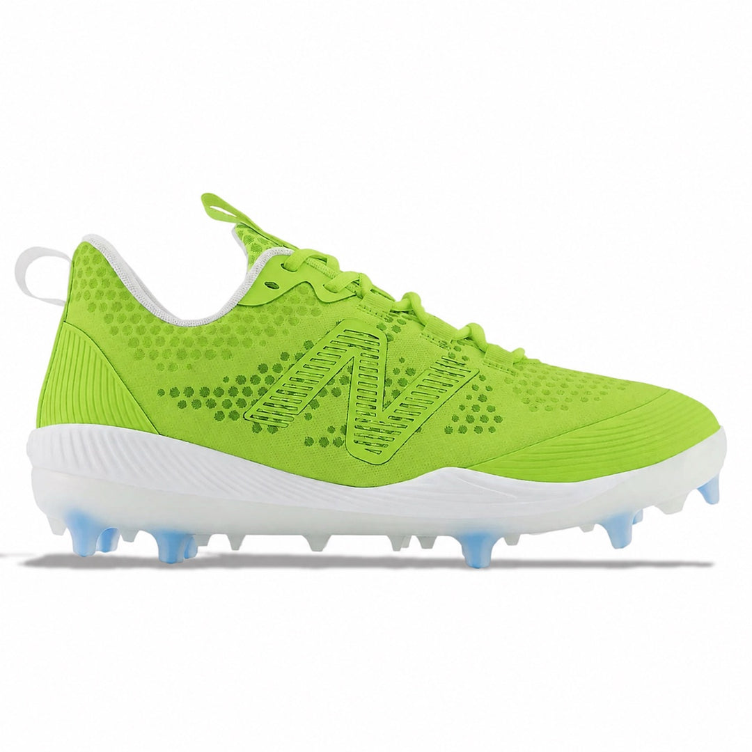 Lime New Balance FuelCell COMPv3 cleats featuring a lime tonal upper with embossed dot detailing, lime N logo, white lace collar, white midsole, and icy light blue molded cleats, side profile view by Stadium Custom Kicks