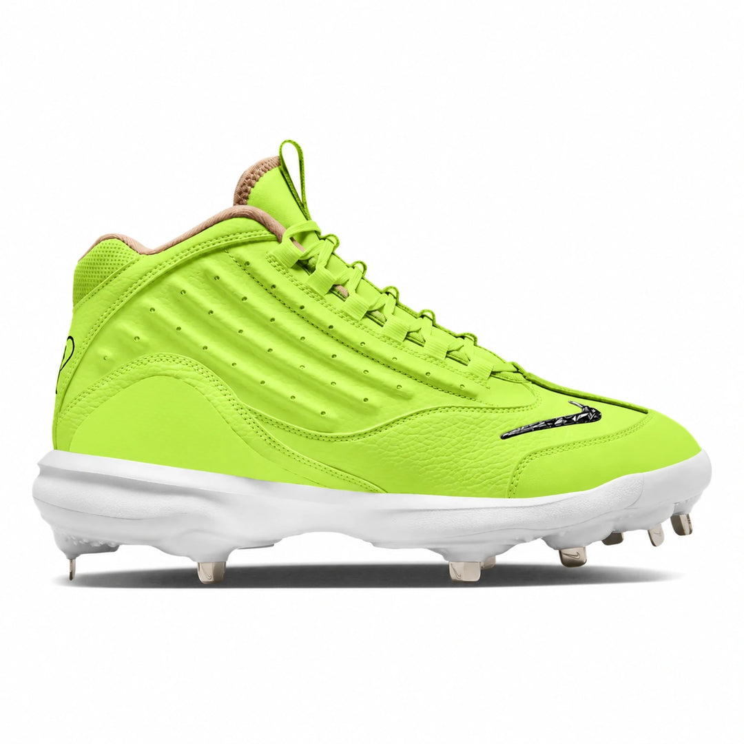 A single Nike baseball cleat in a vibrant neon yellow-green with a white sole and silver studs, shown from a side profile on a white background.