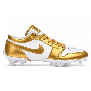 White and metallic gold Jordan 1 Vapor Edge Low cleats with gold Swoosh gold laces and white cleat plate side view by Stadium Custom Kicks