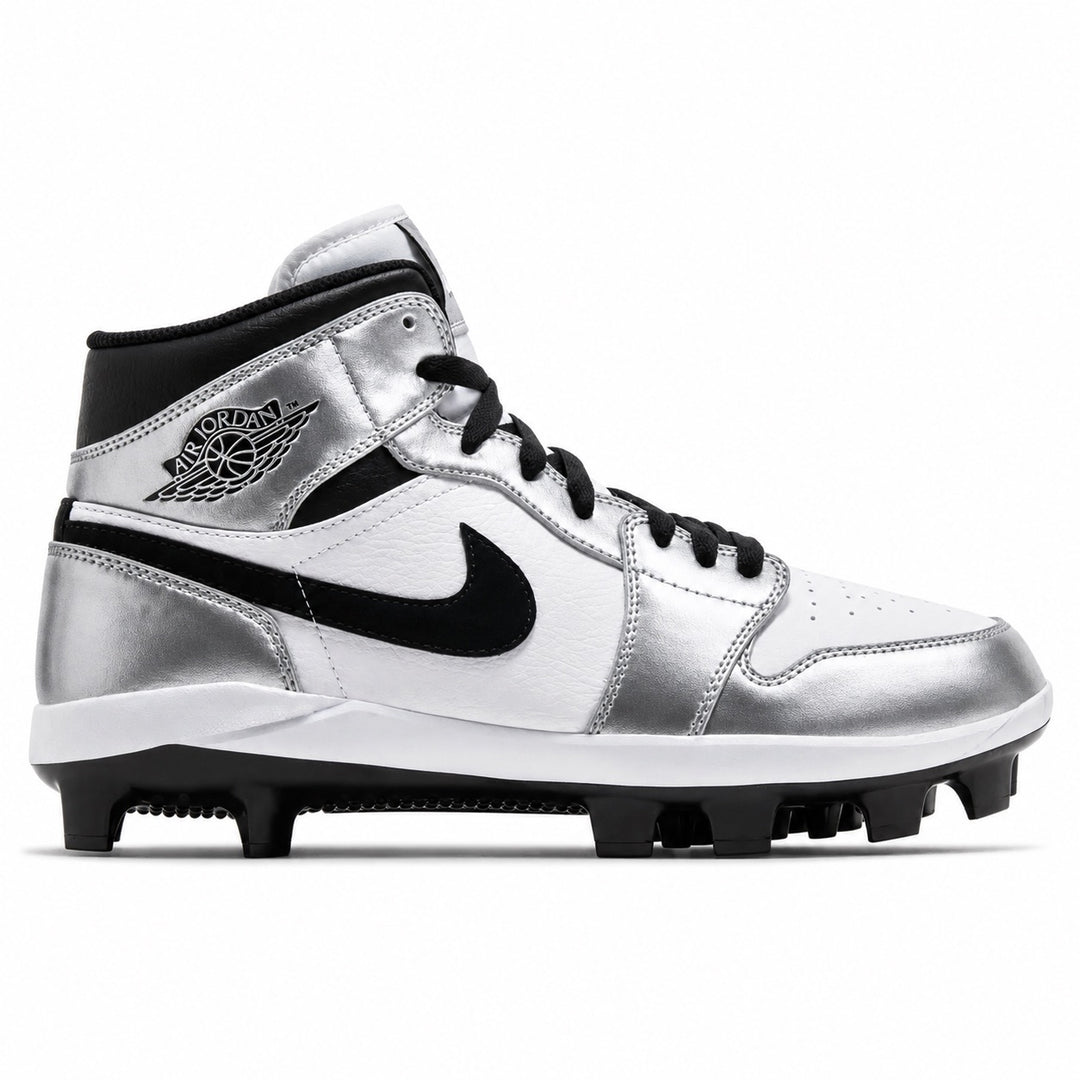 Metallic silver white and black Jordan 1 Retro MCS baseball cleats side view by Stadium Custom Kicks