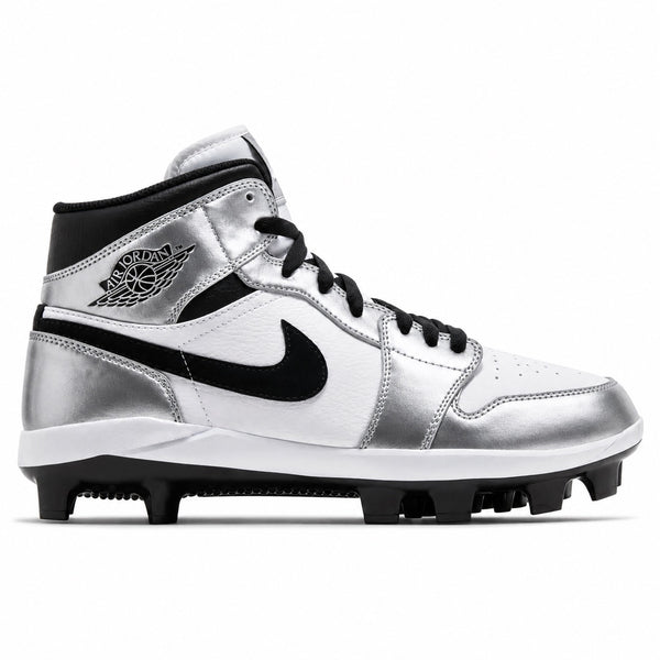 Metallic silver white and black Jordan 1 Retro MCS baseball cleats side view by Stadium Custom Kicks