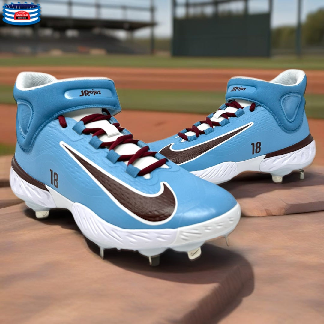 Light blue baseball cleats with logo and simple design for athletic performance