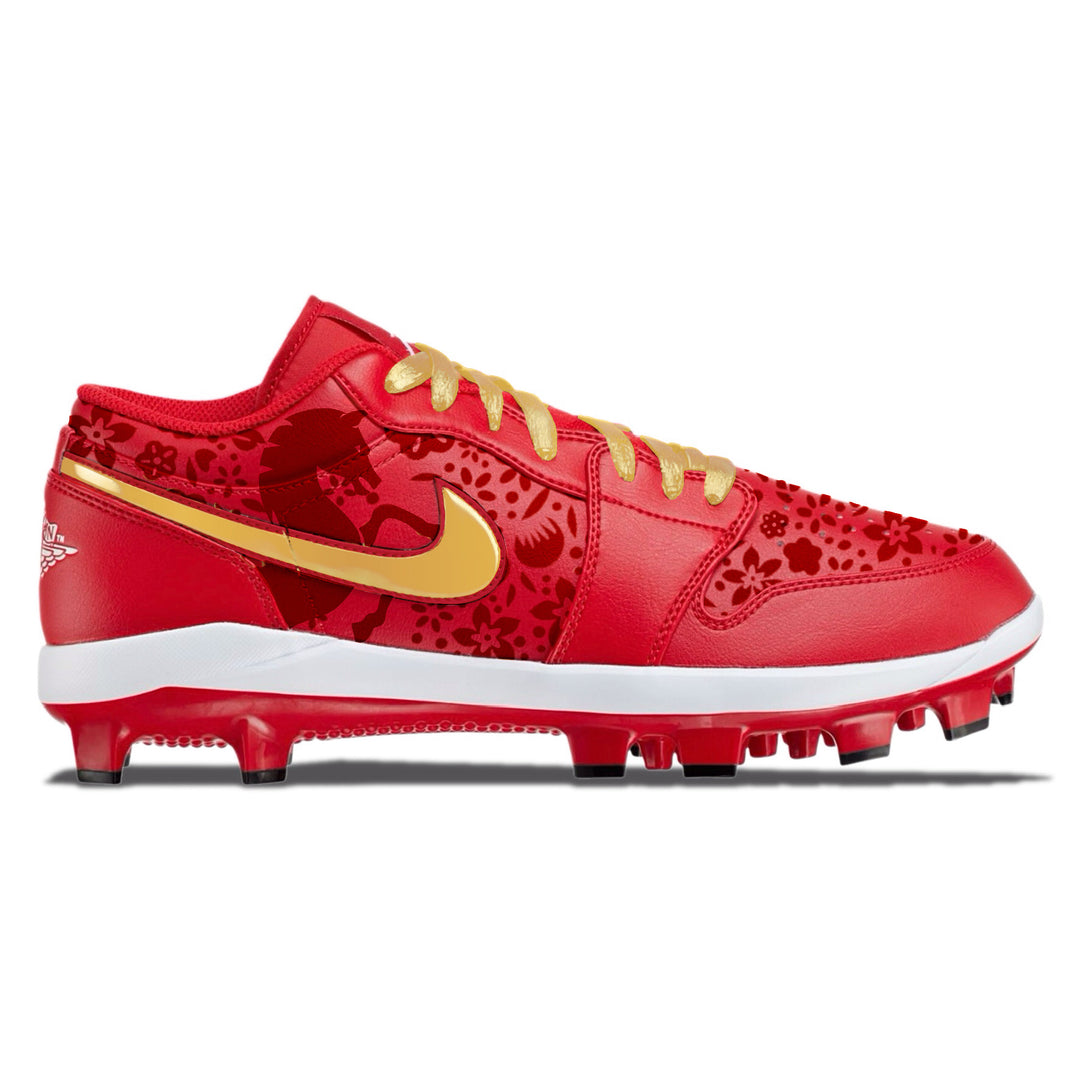 Custom red and gold Jordan 1 Retro MCS Low baseball cleats with floral pattern design by Stadium Custom Kicks