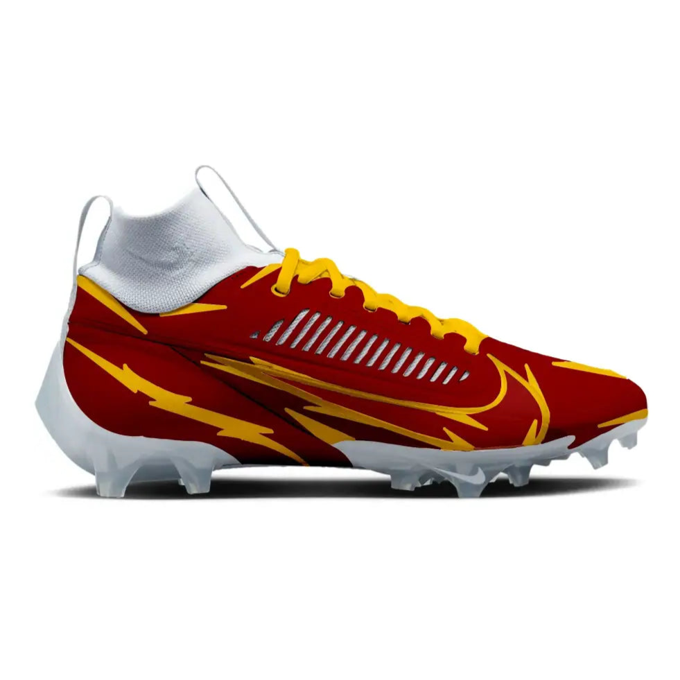 Maroon and yellow cleated shoe on a white background