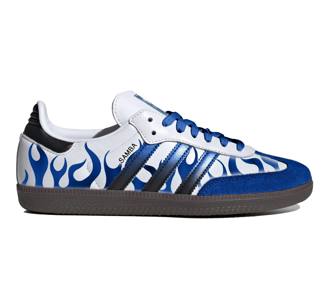 Metallic Blue Flames Adidas Sambas | Stadium Custom Kicks Metallic Blue Flames Adidas Sambas | Stadium Custom Kicks